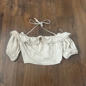 Express Cream Puff Sleeve Crop Blouse with Tie Front